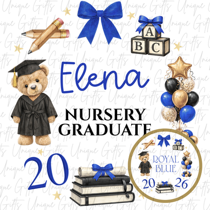 Nursery graduate 2026 card with bear and ABC blocks design with royal blue personalised name | Unique Gifts