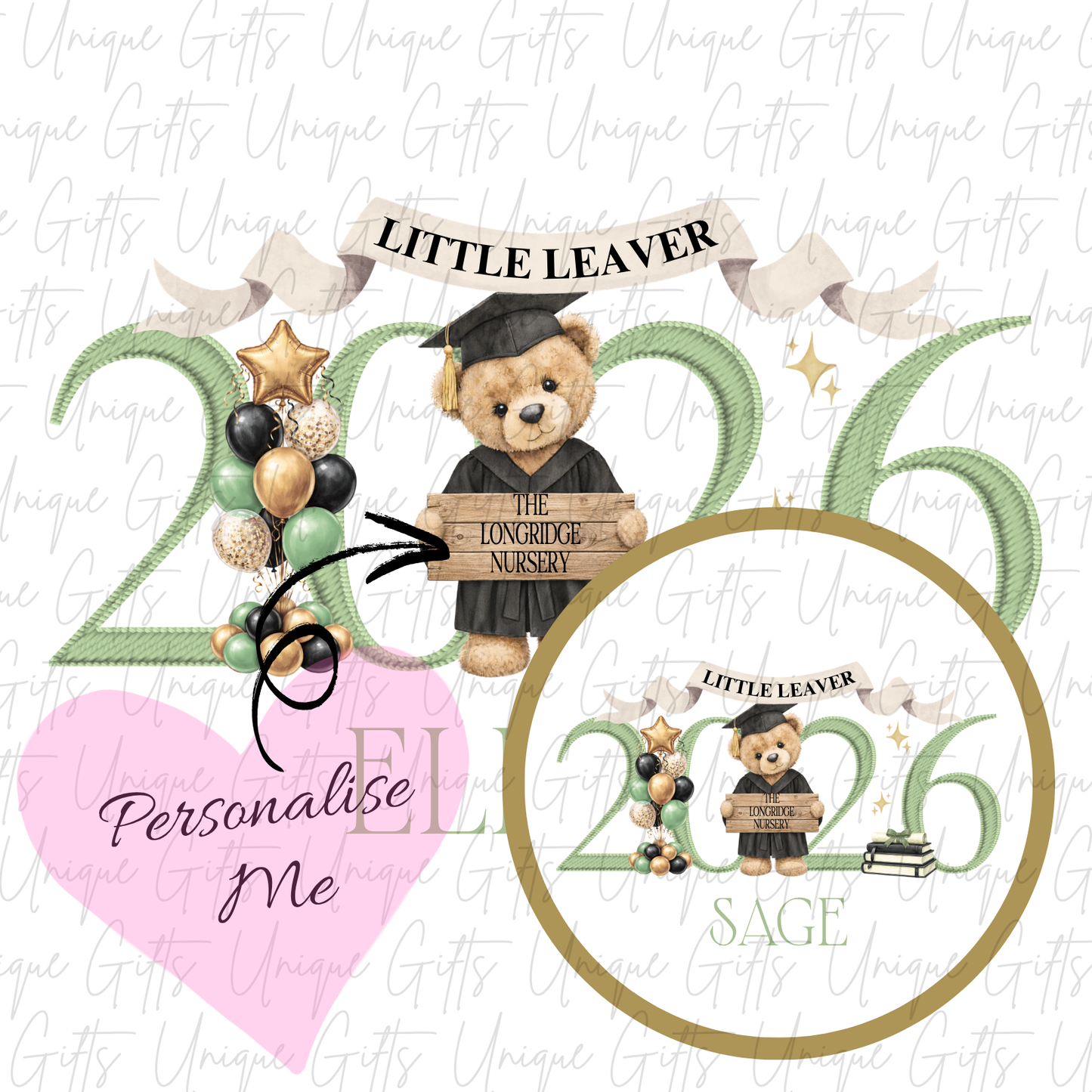 Nursery graduate 2026 card with bear and ABC blocks design with sage green personalised name | Unique Gifts
