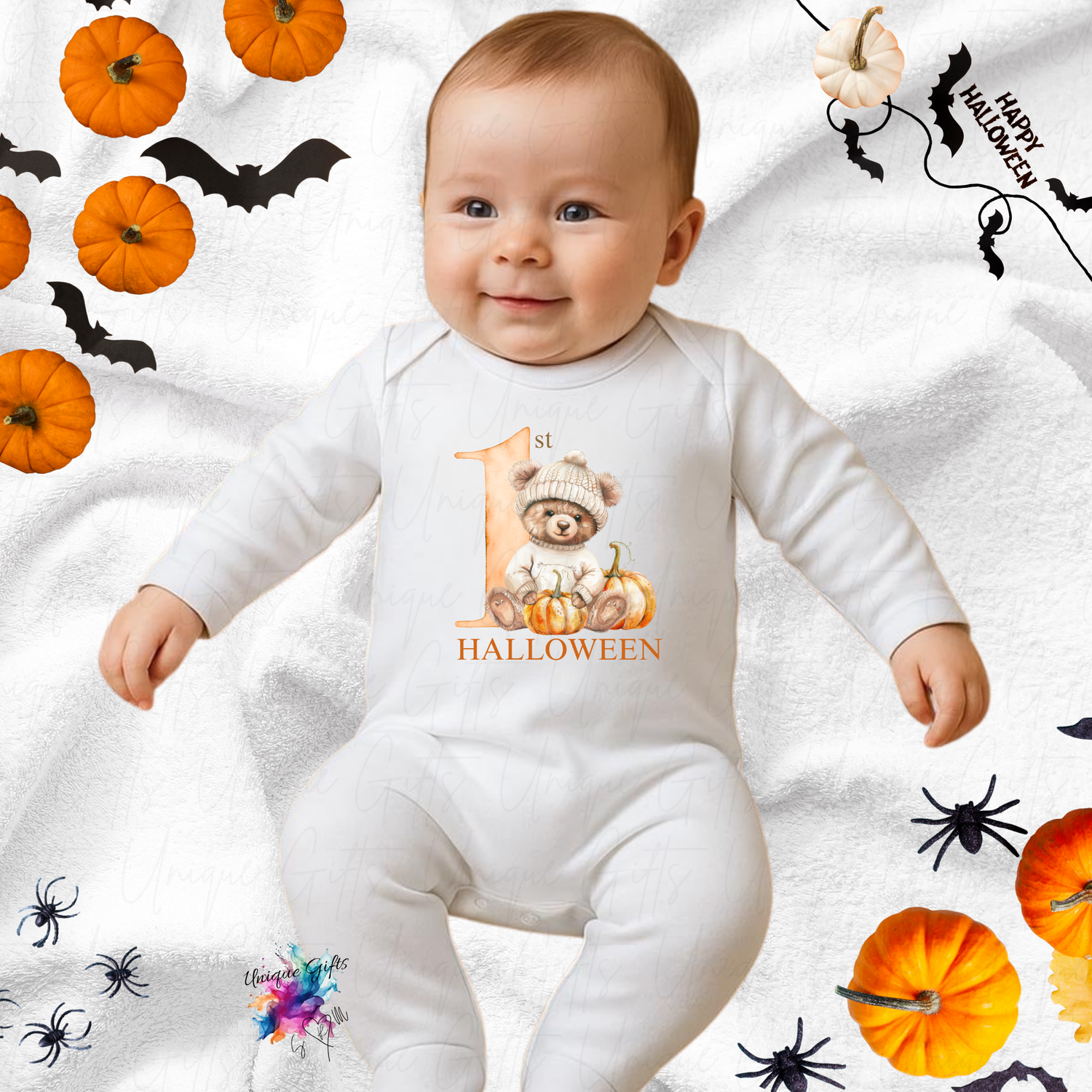 First Halloween cute bear personalised baby romper – custom name, newborn to 6-12 months