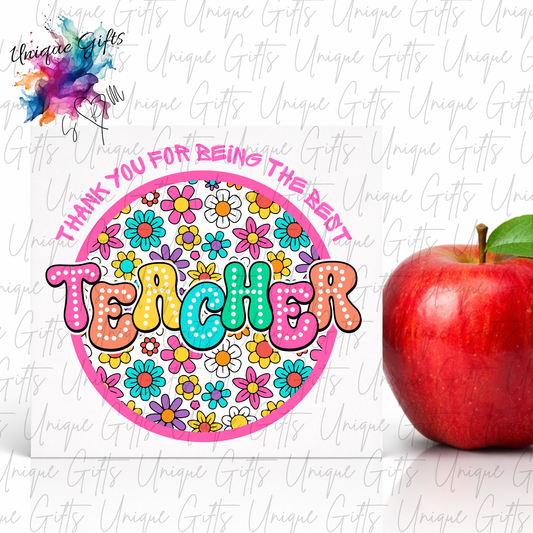 Thank You for Being the Best Teacher Floral Card with colourful daisy design and retro bold lettering in pink circle