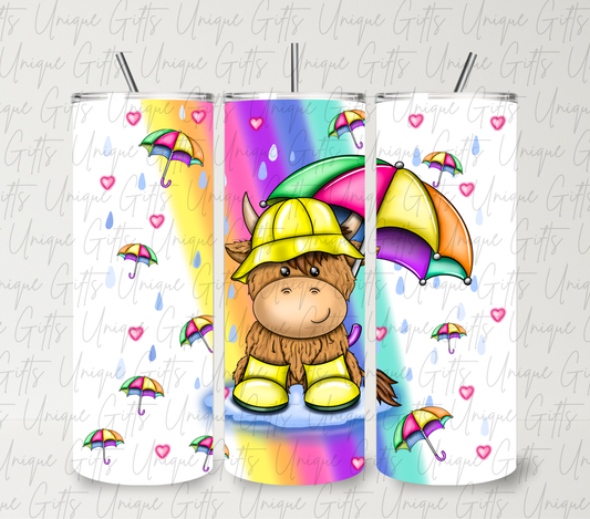 Cute highland cow rainy day 20oz skinny tumbler – cow with umbrella rain hat & boots, insulated cup with straw