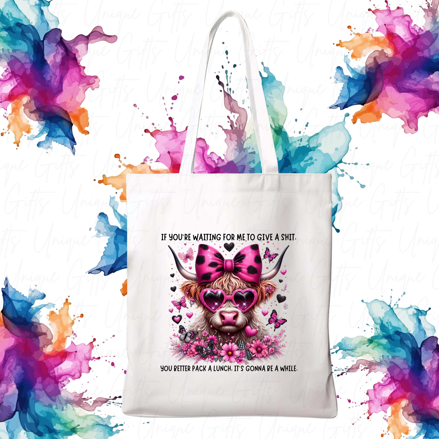 Polyester Tote Bag White – Funny Highland Cow ‘Waiting for Me to Give a Sh*t’ Design, Reusable Everyday Bag