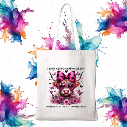 Polyester Tote Bag White – Funny Highland Cow ‘Waiting for Me to Give a Sh*t’ Design, Reusable Everyday Bag