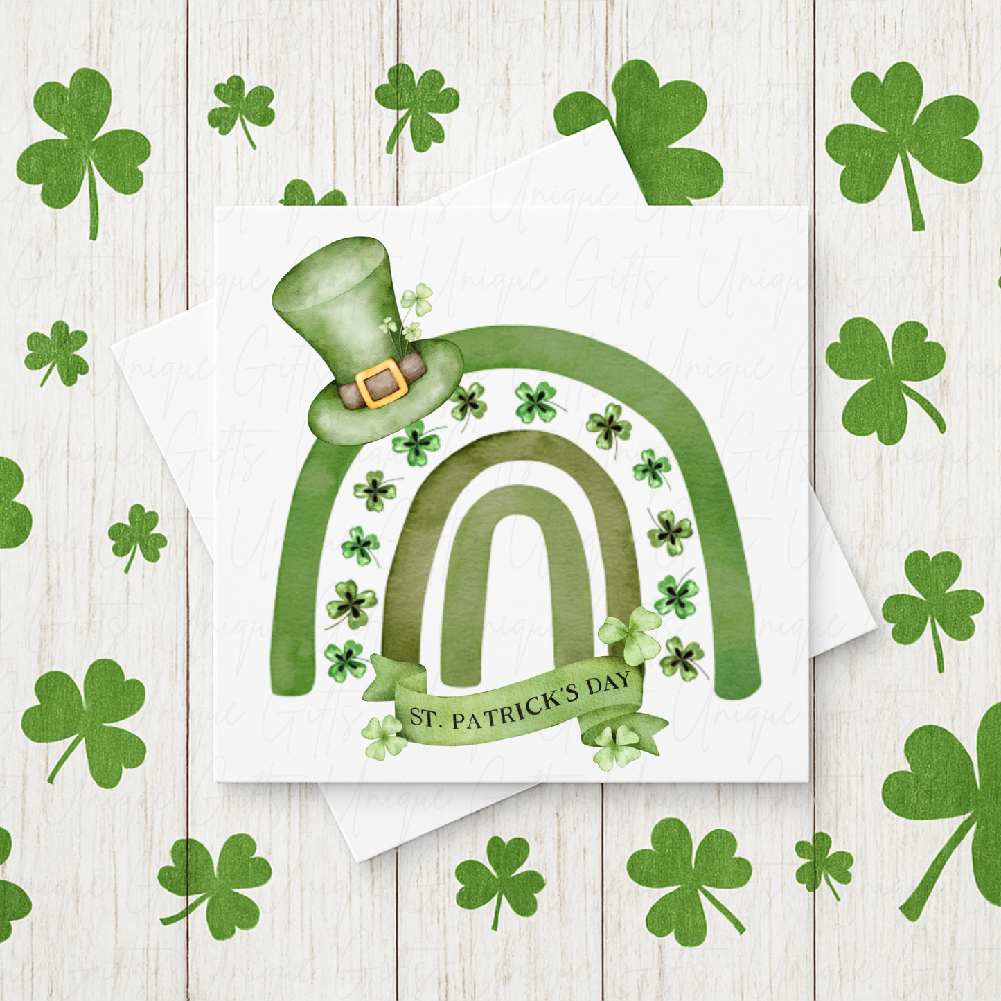 St Patrick's Day rainbow card – lucky clover handmade personalised 6x6 inch greeting card