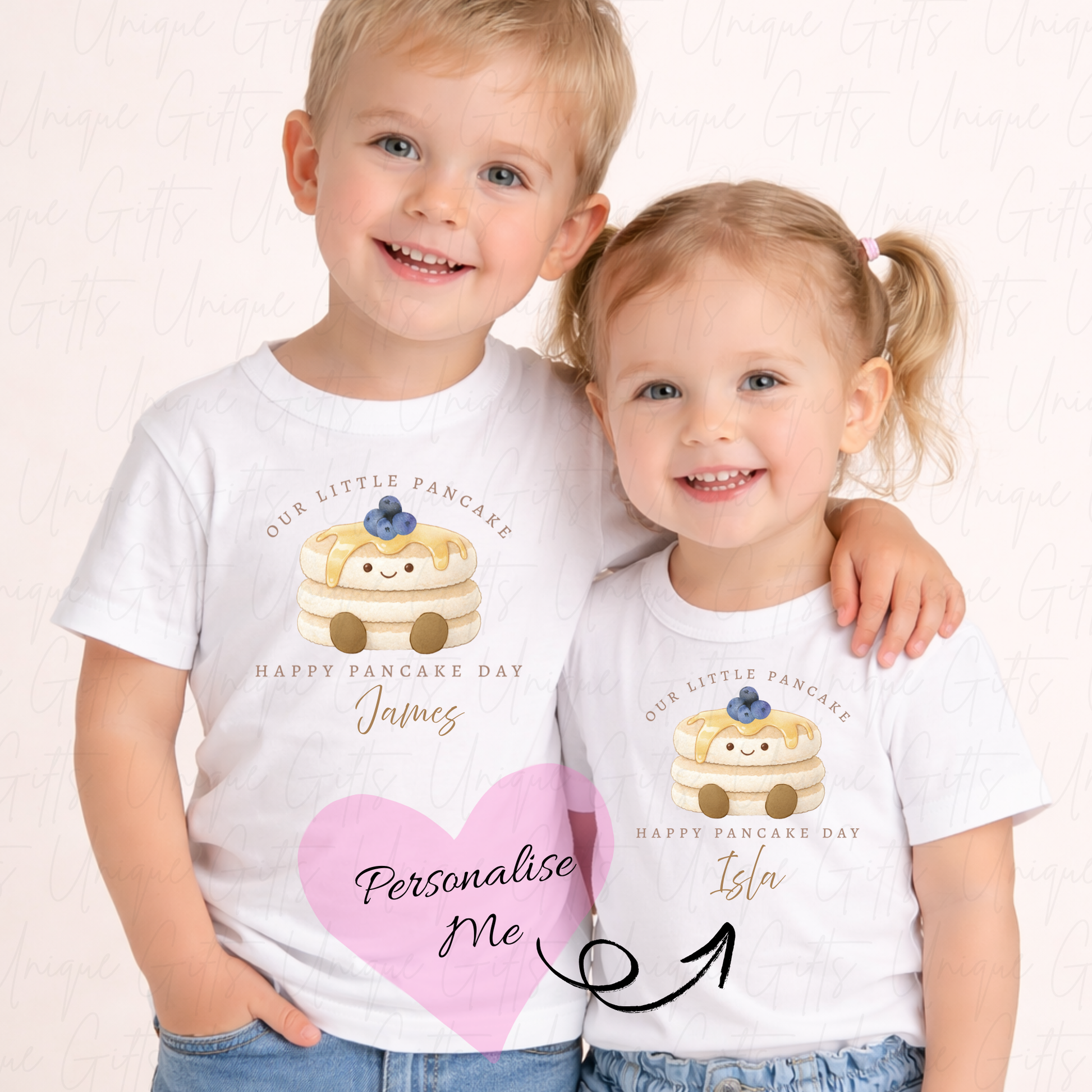 Personalised our little pancake children's t-shirt – custom name Pancake Day kids tee, sizes 6 months to 5-6 years