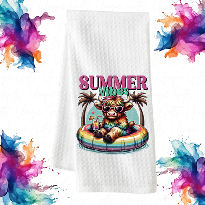 Highland Cow Summer Vibes Kitchen Tea Towel – Waffle Knit