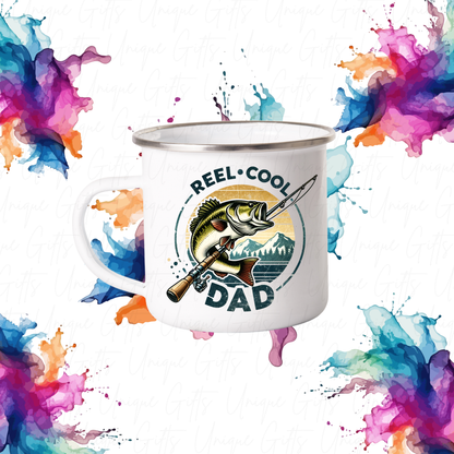 12oz Enamel Mug with Silver Rim – “Reel Cool Dad” Design | Vintage Camping Mug