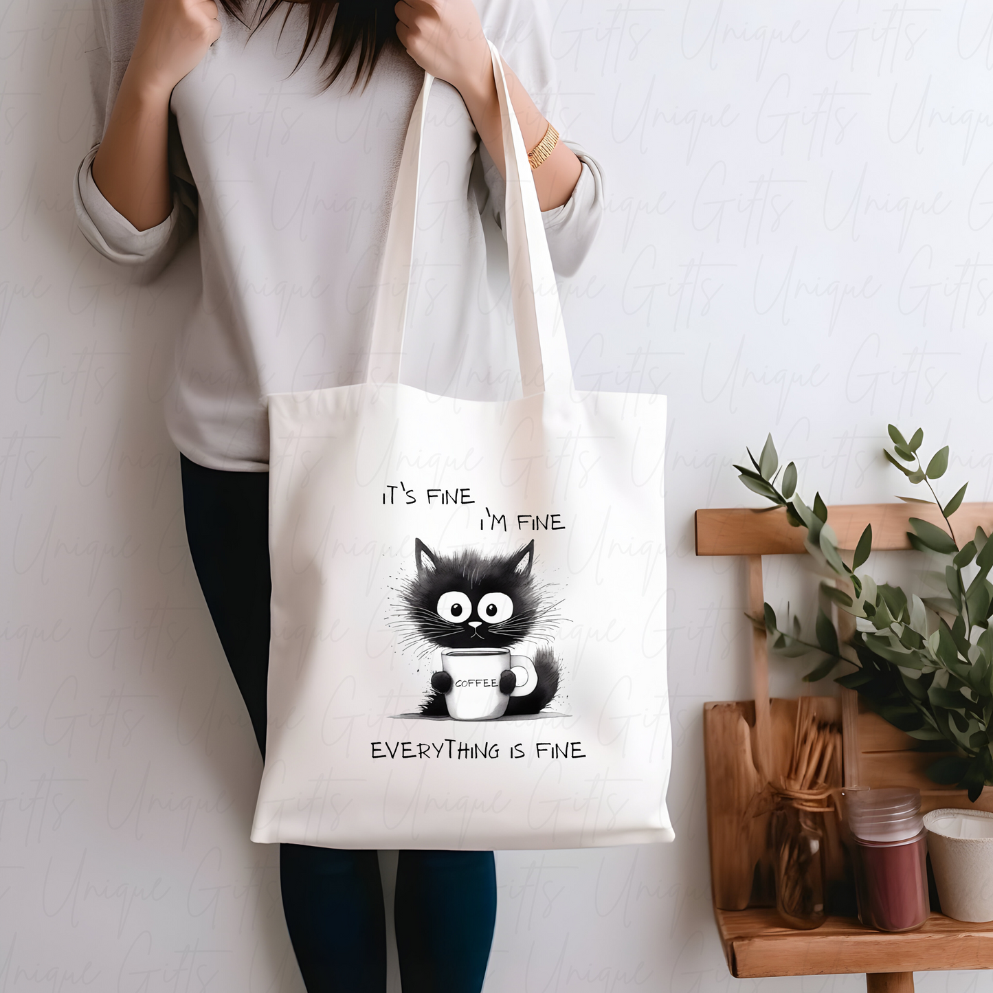 White Tote Bag – Funny ‘I’m Fine’ Cat Design, Reusable Everyday Bag