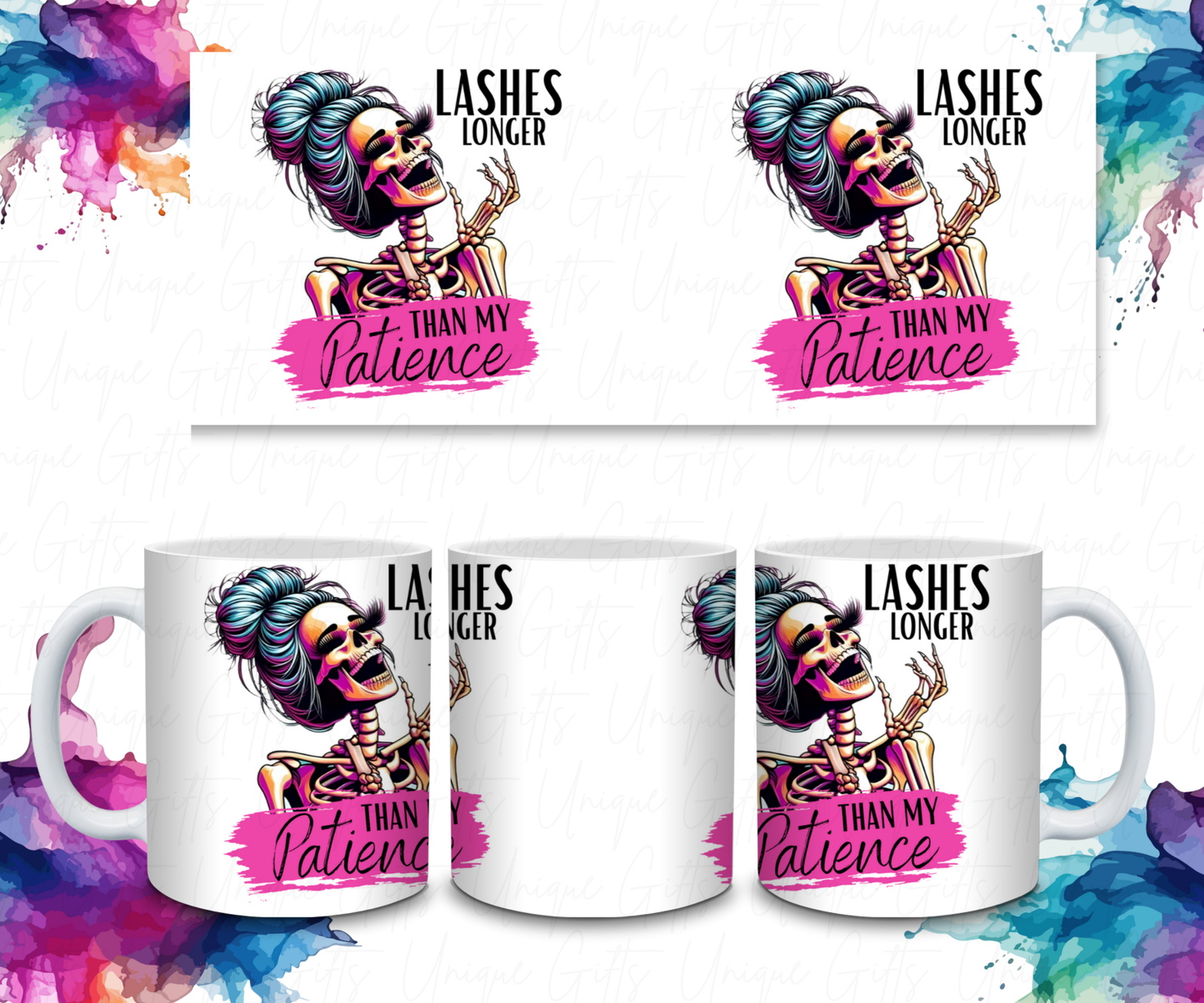 Adult Coffee Mug Featuring a Skeleton Lashes Longer Than My Patience.