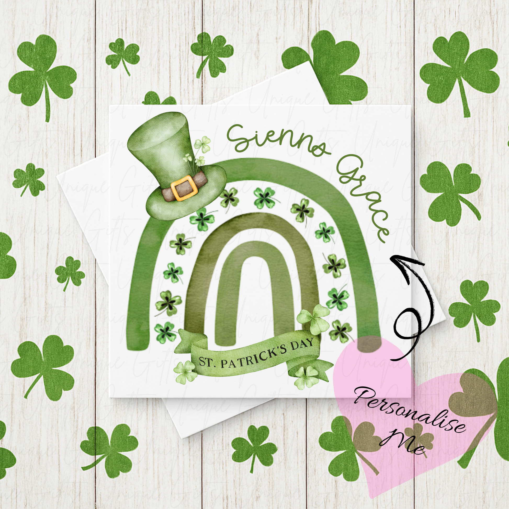 St Patrick's Day rainbow card – lucky clover handmade personalised 6x6 inch greeting card