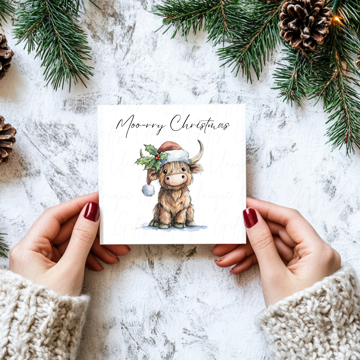 Highland Cow Merry Christmas Card – Handmade Personalised Holiday Greeting Card