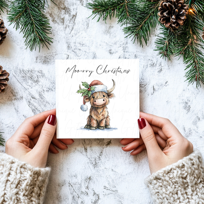 Highland Cow Merry Christmas Card – Handmade Personalised Holiday Greeting Card