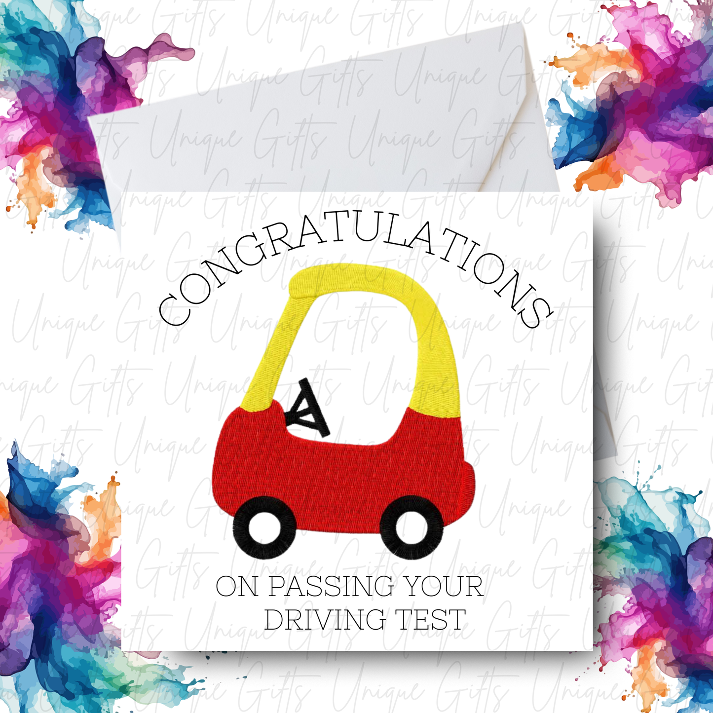 Congratulations on passing your driving test square card with colourful splash border and toy car | Unique Gifts