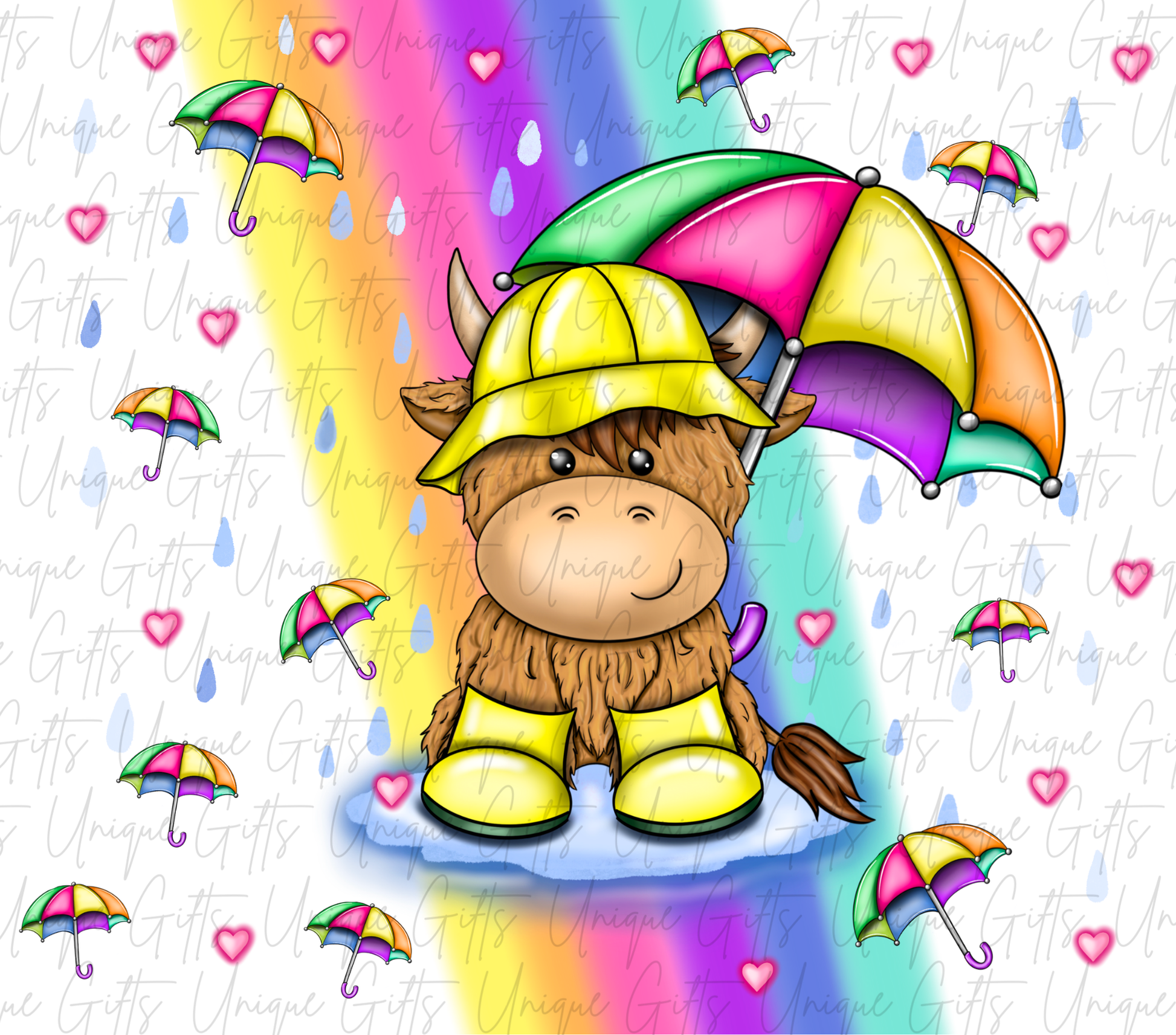 Highland cow rainy day tumbler close up – colourful cow design, unique personalised gift
