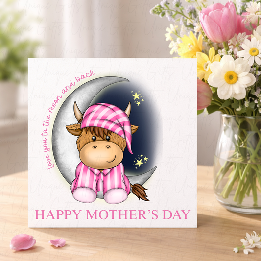 Personalised Mother's Day Card – Highland Cow Pink Pyjamas Love You to the Moon – Lifestyle Shot