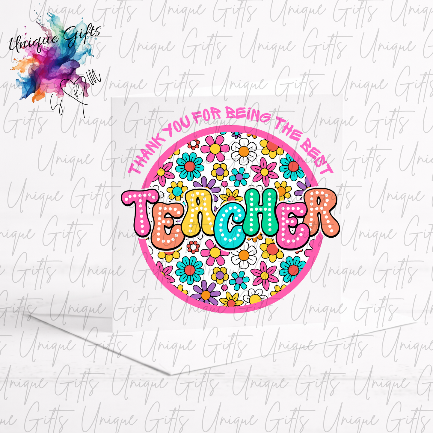 Thank You for Being the Best Teacher Floral Card lifestyle mockup showing card with envelope and colourful floral teacher design