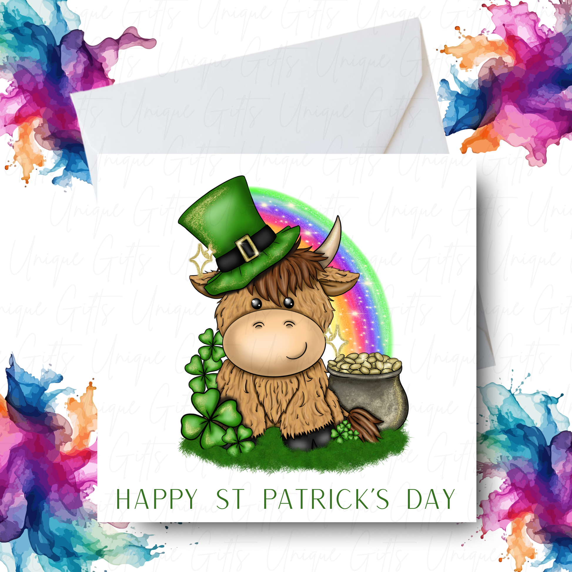 Personalised St Patrick's Day highland cow card – handmade personalised 6x6 inch Irish greeting card