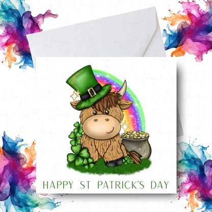 Personalised St Patrick's Day highland cow card – handmade personalised 6x6 inch Irish greeting card
