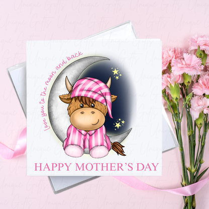 Personalised Mother's Day Card – Highland Cow Pink Pyjamas – With Envelope