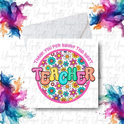 Thank You for Being the Best Teacher Floral Card lifestyle mockup showing card with envelope and colourful floral teacher design