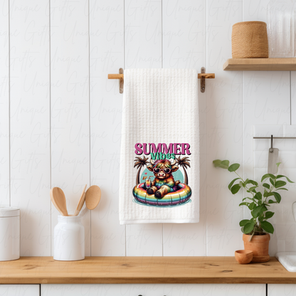 Highland Cow Summer Vibes Kitchen Tea Towel – Waffle Knit