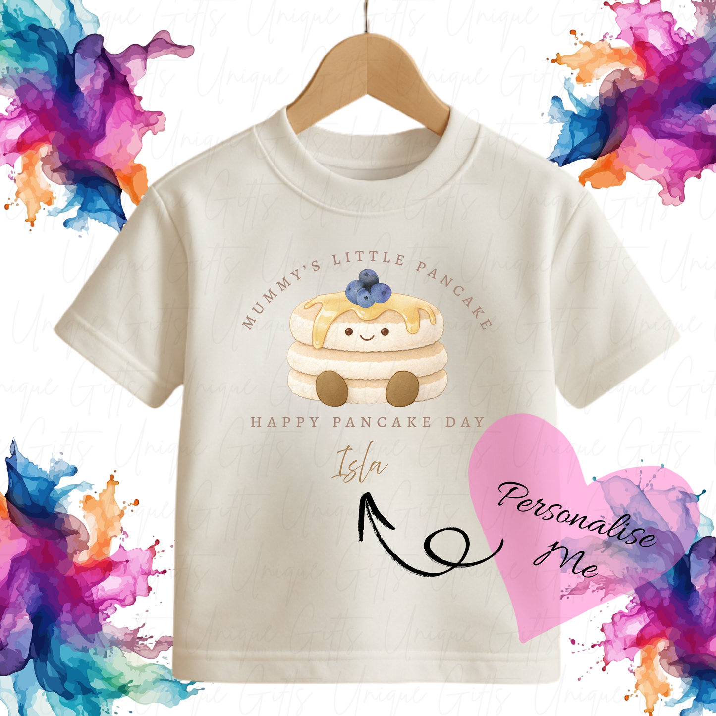 Personalised Mummy's little pancake children's t-shirt – custom name Pancake Day kids tee, sizes 6 months to 5-6 years