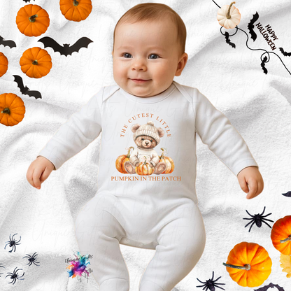 Halloween Baby Romper – The Cutest Little Pumpkin in the Patch | Cute Bear with Hat Personalised Baby Outfit (Newborn to 12 Months)