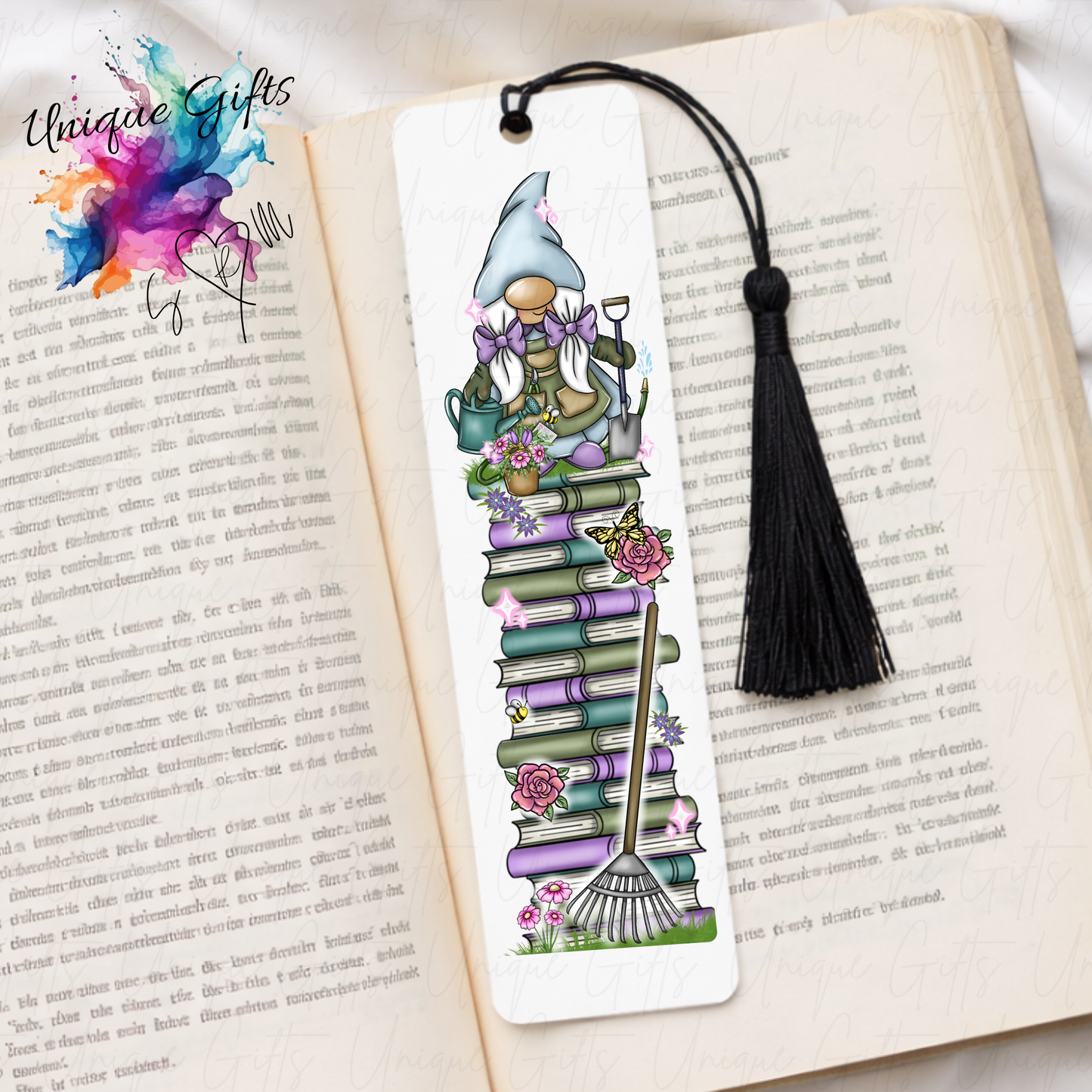 Personalised gardening gonk bookmark – book stack design – aluminium with black tassel
