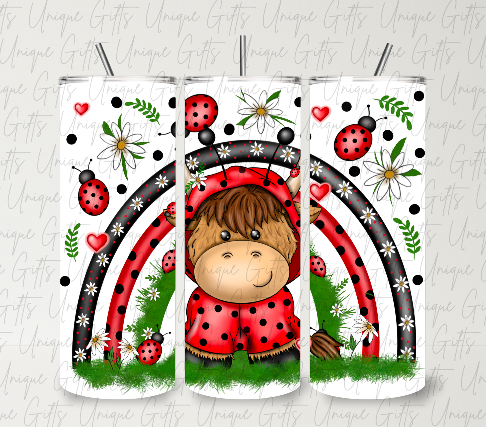 Cute highland cow ladybird 20oz skinny tumbler – funny ladybird cow cup, insulated stainless steel with straw