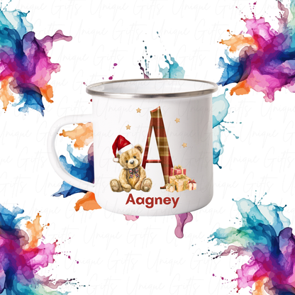 12oz Personalised Enamel Mug with Silver Rim – Christmas Bear with Initial | Add Name