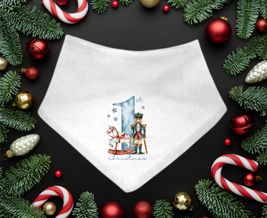 1st Christmas Bandana Bib – Blue Nutcracker Design