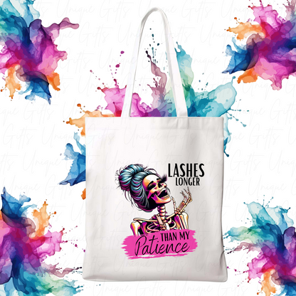 Tote Bag in White with Lashes Longer than my Patience Design