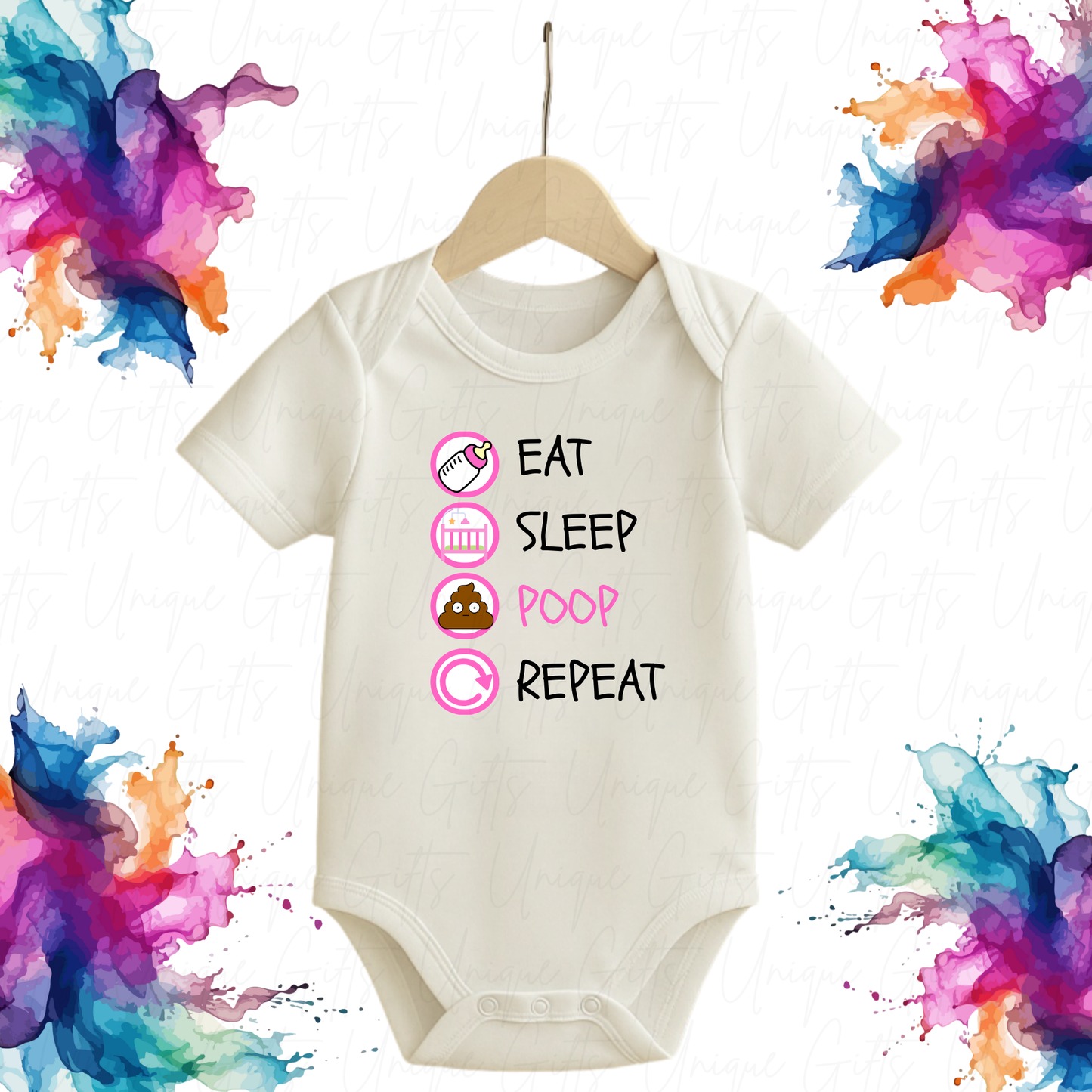 Personalised Baby Grow – Pink Eat Sleep Poop Repeat