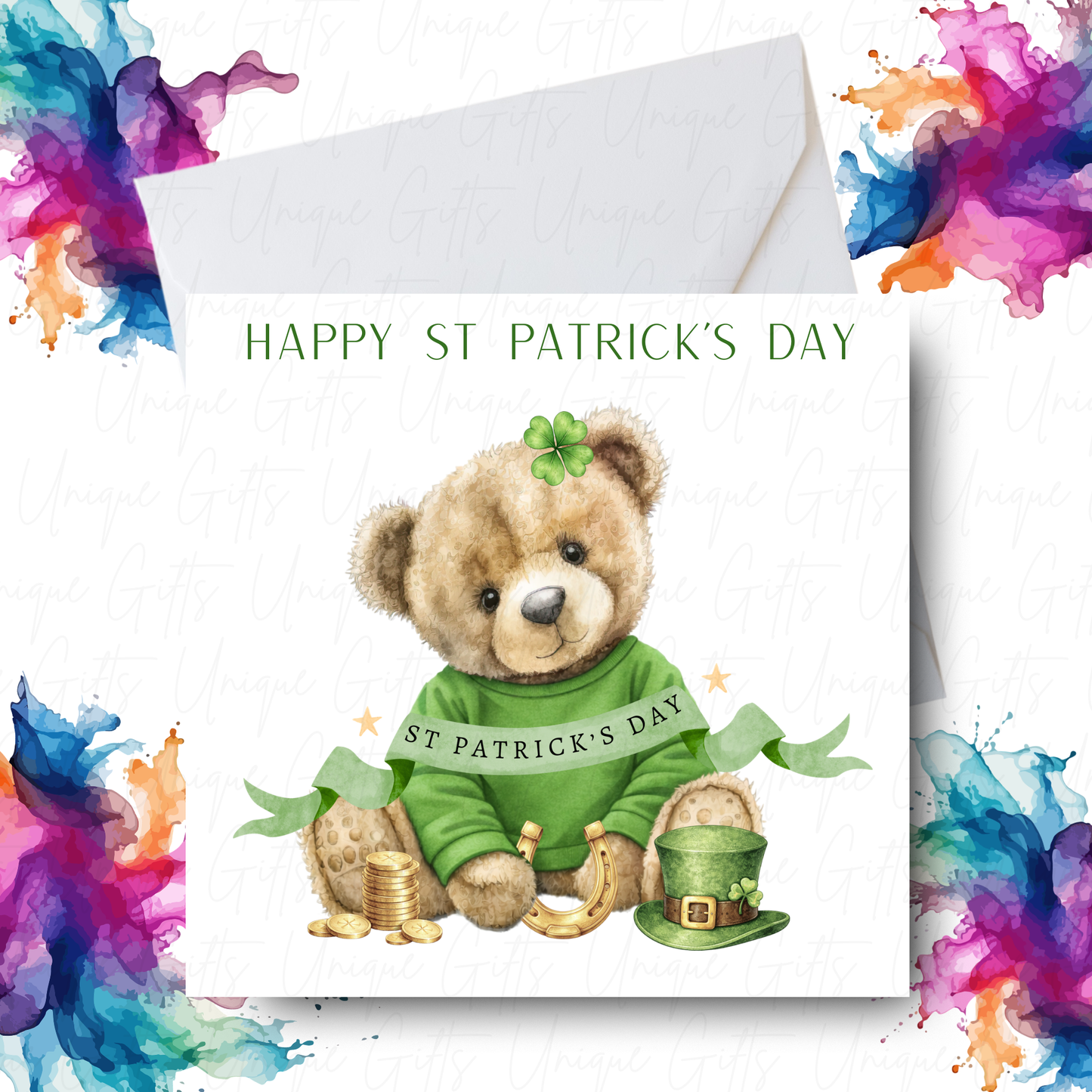 Personalised St Patrick's Day girl bear card – handmade personalised 6x6 inch Irish greeting card