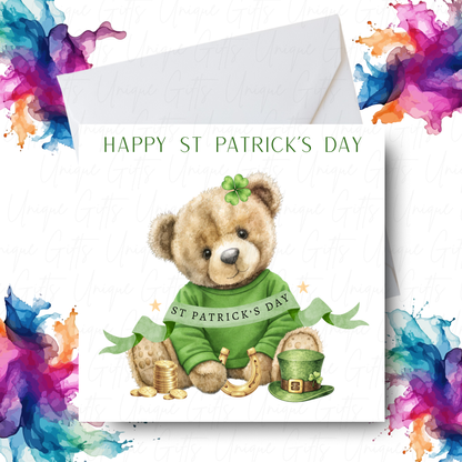 Personalised St Patrick's Day girl bear card – handmade personalised 6x6 inch Irish greeting card