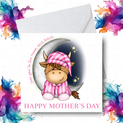 Highland Cow Pink Pyjamas Love You to the Moon Mother's Day Card – Unique Gifts