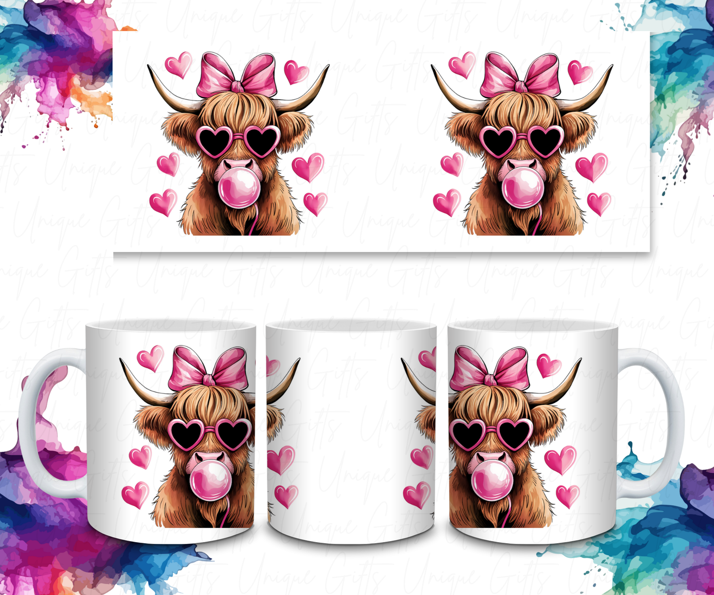 Coffee Mug Featuring Highland Cow, Blowing Bubble.