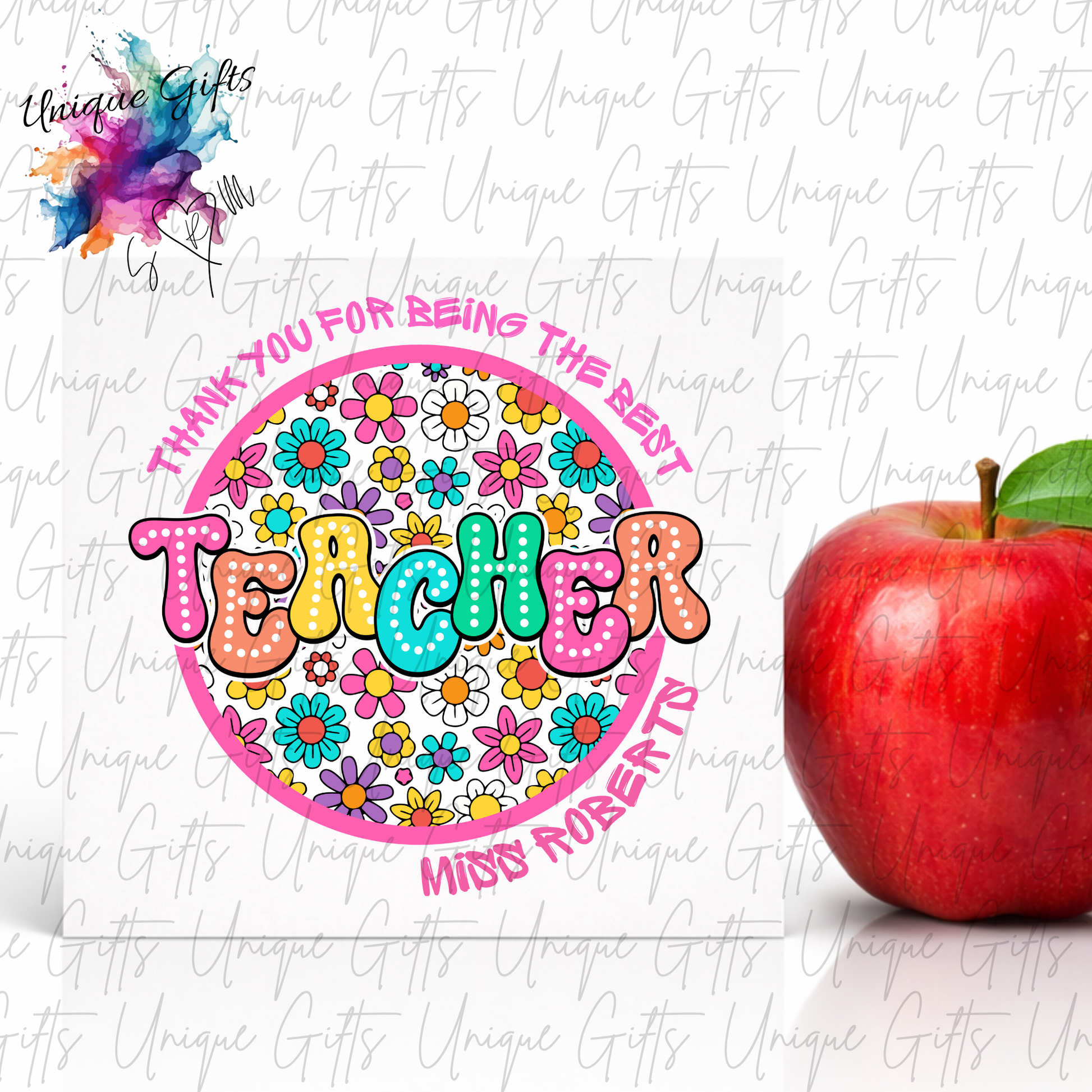 Thank You for Being the Best Teacher Floral Card with colourful daisy design and retro bold lettering in pink circle with name added