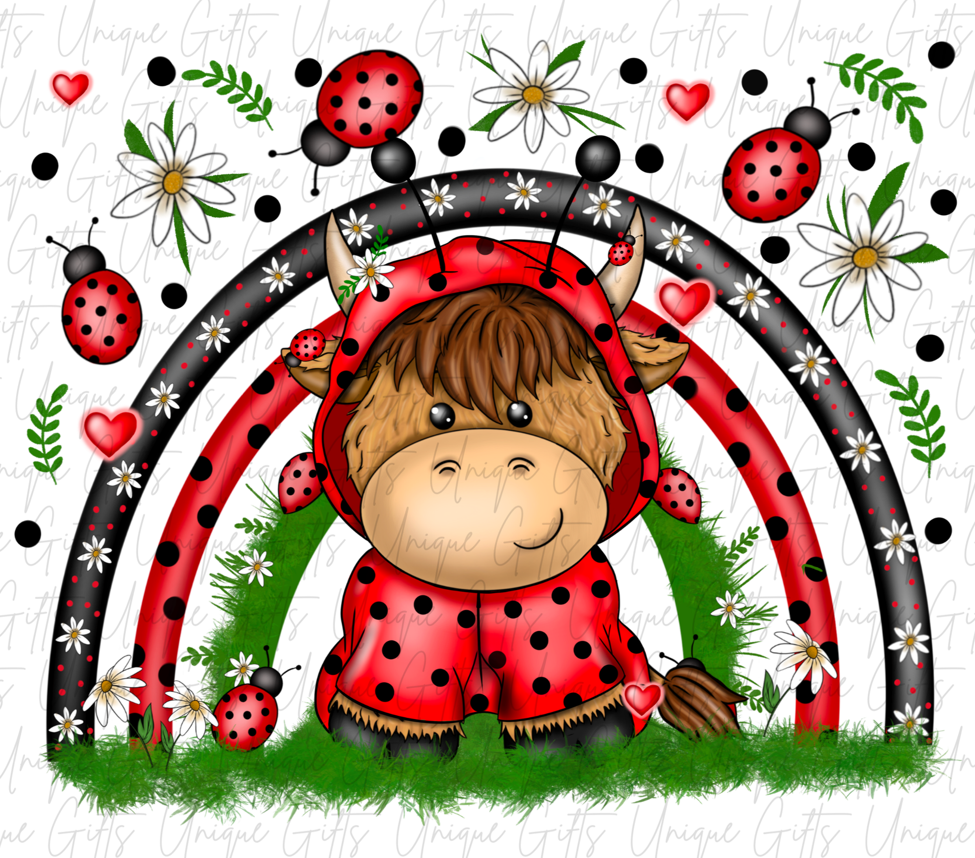 Highland cow ladybird tumbler close up – quirky funny design, unique personalised gift