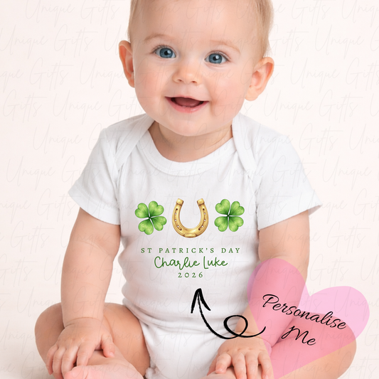 St Patrick's Day Lucky Horseshoe Baby Grow | Unique Gifts