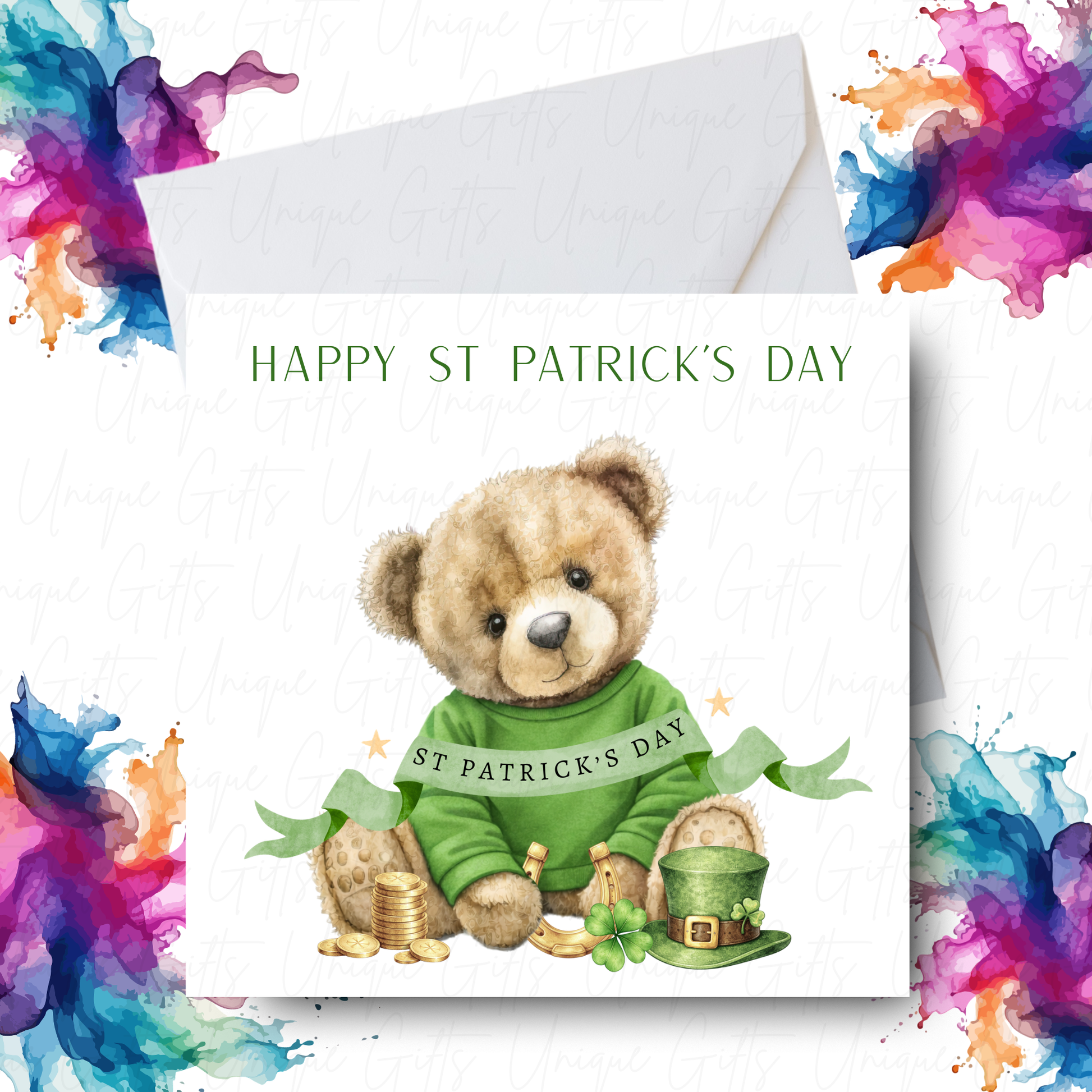 Personalised St Patrick's Day boy bear card – handmade personalised 6x6 inch Irish greeting card