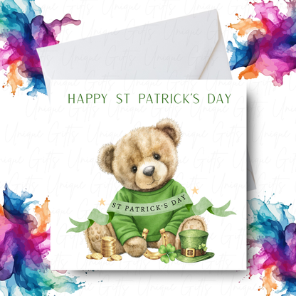 Personalised St Patrick's Day boy bear card – handmade personalised 6x6 inch Irish greeting card