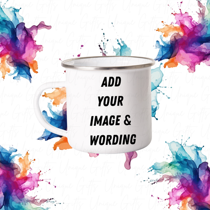 12oz Personalised Enamel Mug with Silver Rim – Add Your Name or Image | Custom Vintage Camping Mug