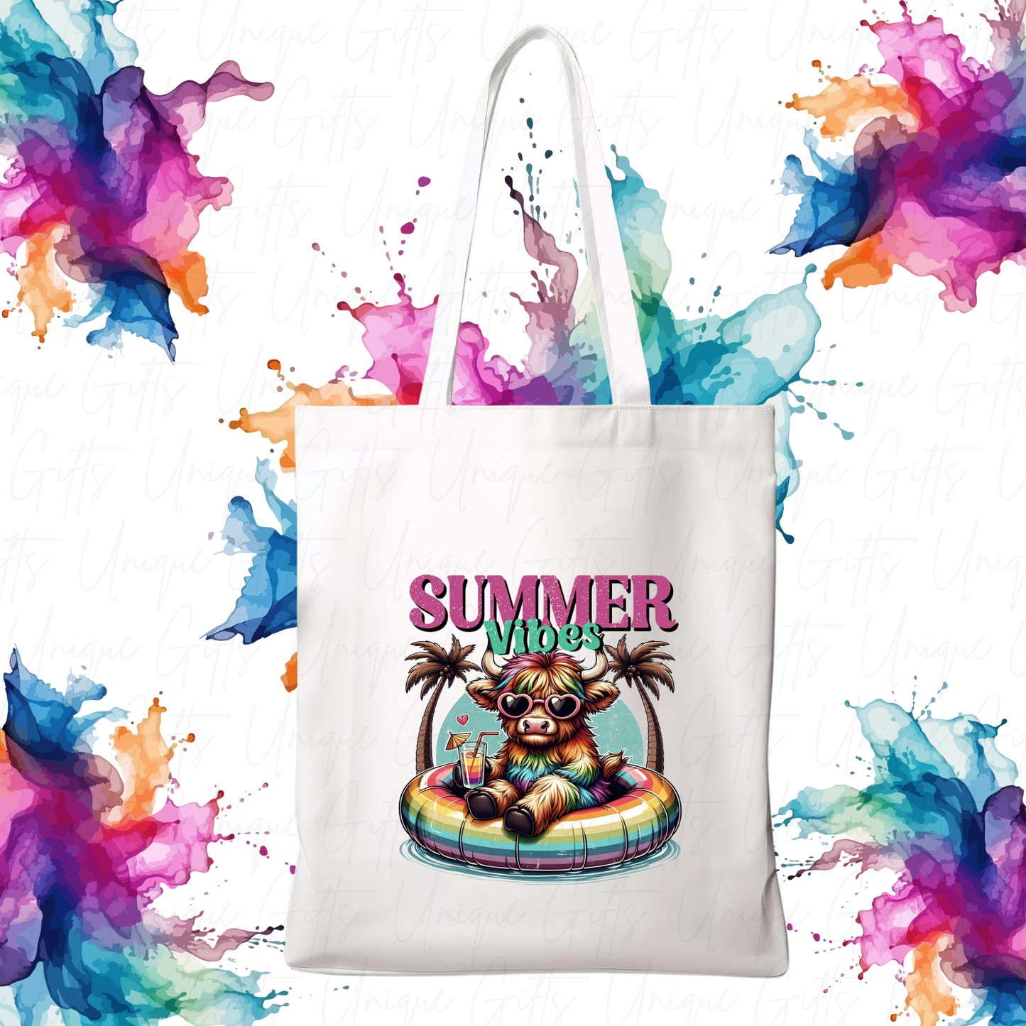 White Tote Bag – Highland Cow Summer Design, Reusable Everyday Bag