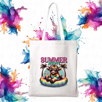 White Tote Bag – Highland Cow Summer Design, Reusable Everyday Bag