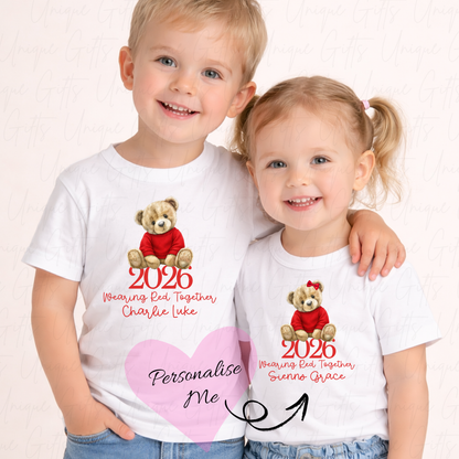 Personalised Red Nose Day 2026 girl bear children's t-shirt – custom name kids tee, sizes 6 months to 5-6 years