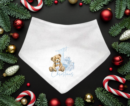 My First Christmas Blue Bear Bandana Bib – Festive Baby Bib Outfit