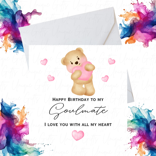 Happy Birthday Card for Soulmate – Cute Bear Design, Handmade