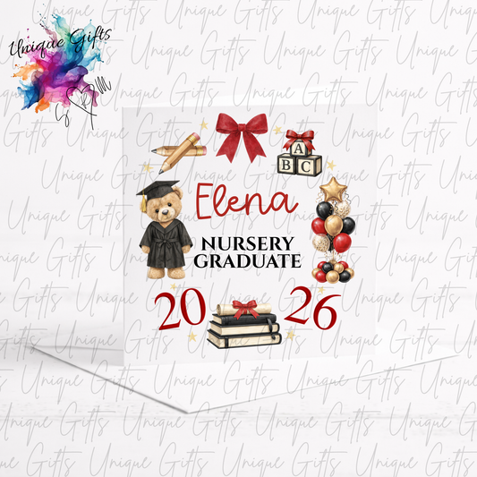 Personalised nursery graduate 2026 card with bear and ABC blocks design and custom name in red | Unique Gifts