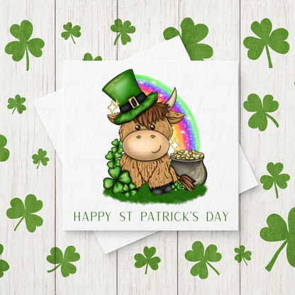 Personalised St Patrick's Day highland cow card – handmade personalised 6x6 inch Irish greeting card